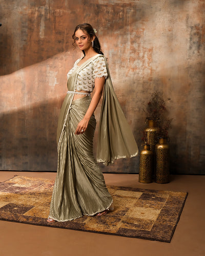Dusky Olive Pearl Embellished Pre-Stitched Saree