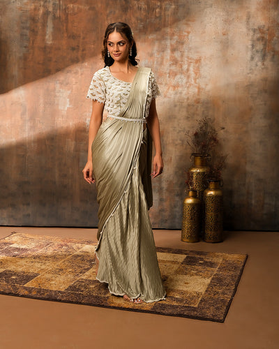 Dusky Olive Pearl Embellished Pre-Stitched Saree