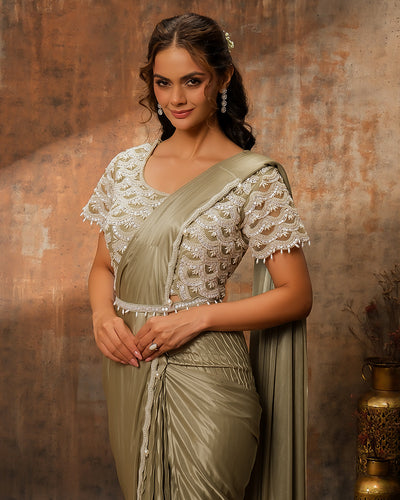 Dusky Olive Pearl Embellished Pre-Stitched Saree
