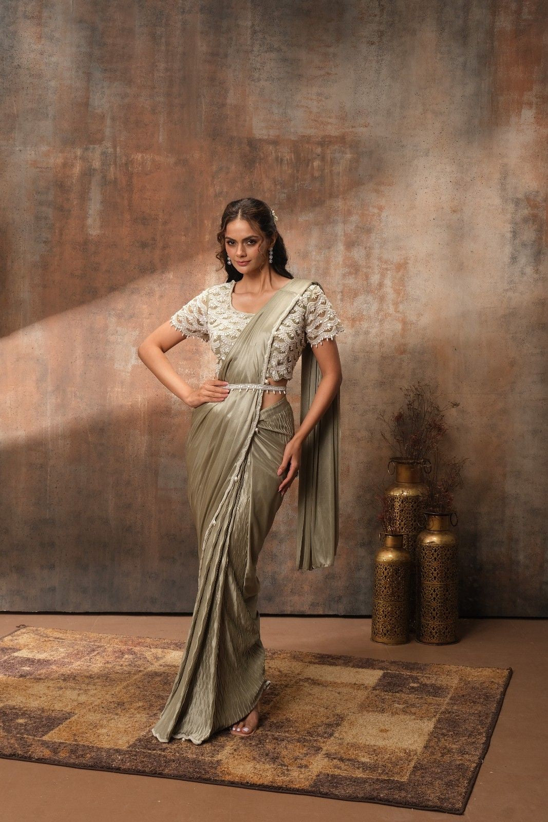 Dusky Olive Pearl Embellished Pre-Stitched Saree