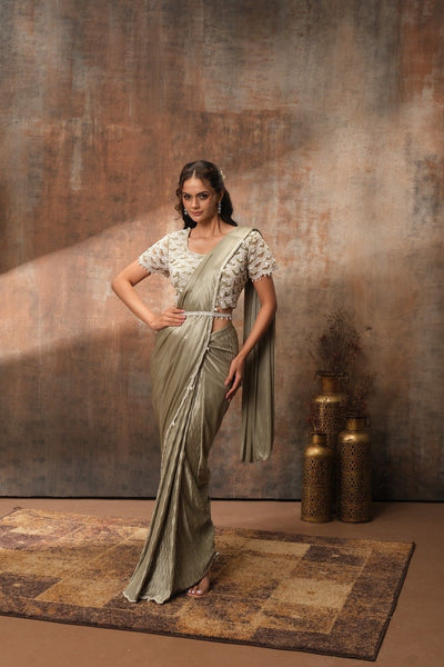 Dusky Olive Pearl Embellished Pre-Stitched Saree