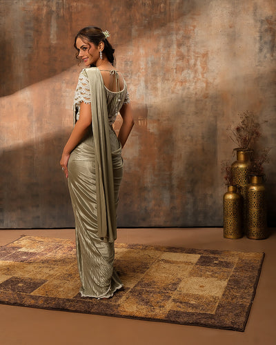 Dusky Olive Pearl Embellished Pre-Stitched Saree