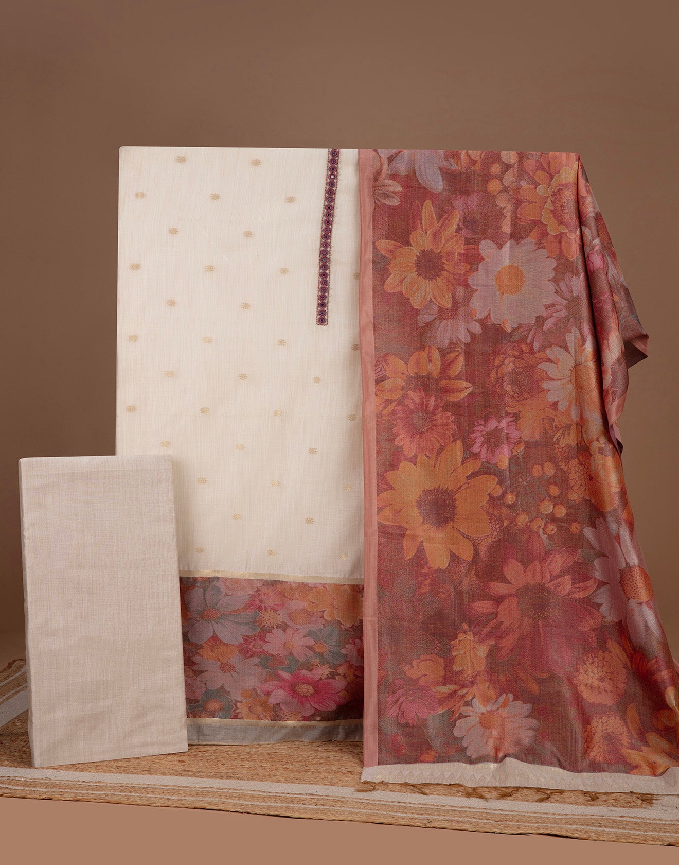 Dusty Beige With Berry Hues Florals Silk Unstitched Suit Set