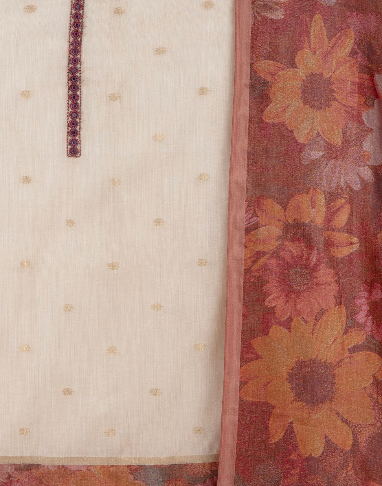 Dusty Beige With Berry Hues Florals Silk Unstitched Suit Set