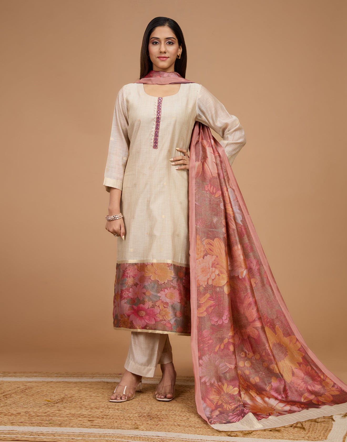 Dusty Beige With Berry Hues Florals Silk Unstitched Suit Set
