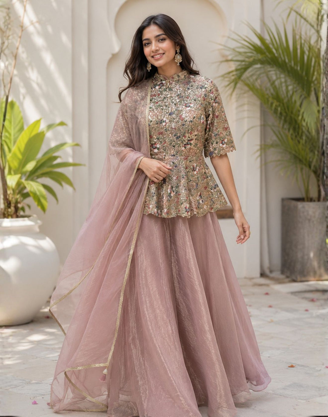 Dusty Rose Thread Embroidered Peplum Suit Set – Roopkala Global