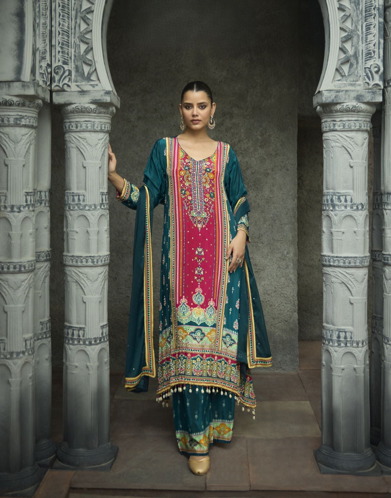 Teal & Pink Printed Festive Pure Crepe Silk Kurta Set