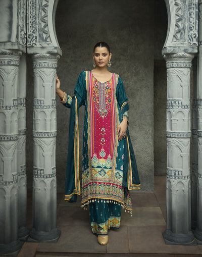 Teal & Pink Printed Festive Pure Crepe Silk Kurta Set
