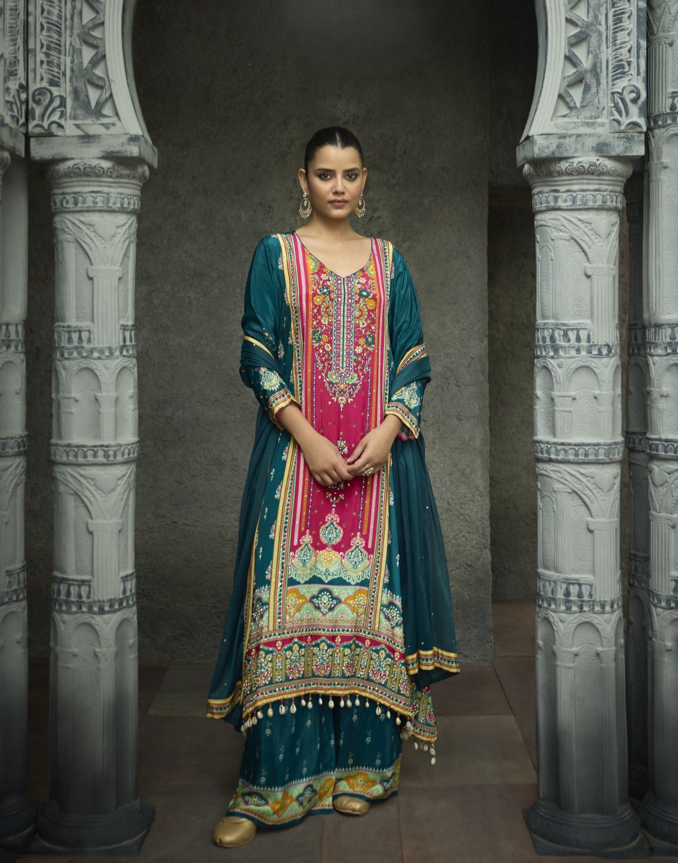 Teal & Pink Printed Festive Pure Crepe Silk Kurta Set