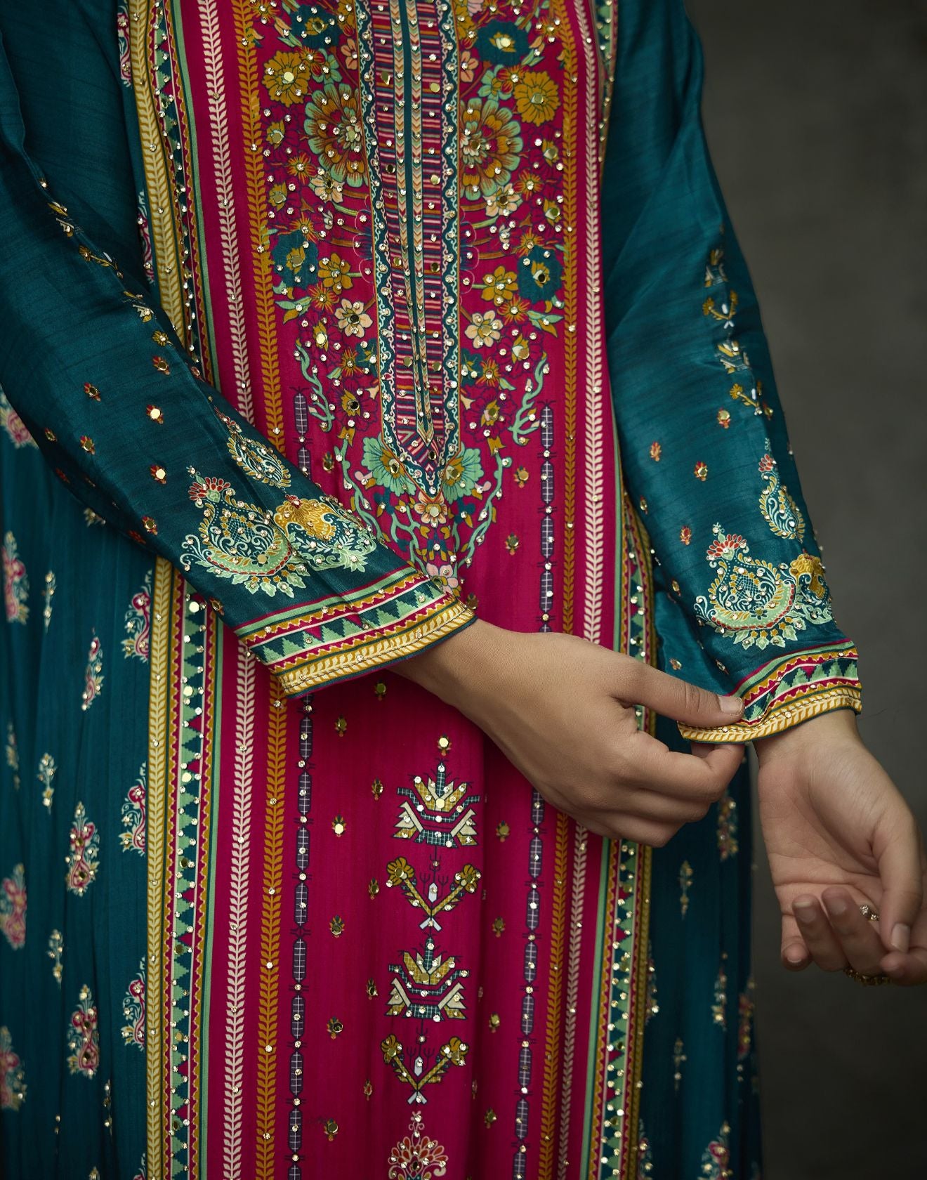 Teal & Pink Printed Festive Pure Crepe Silk Kurta Set