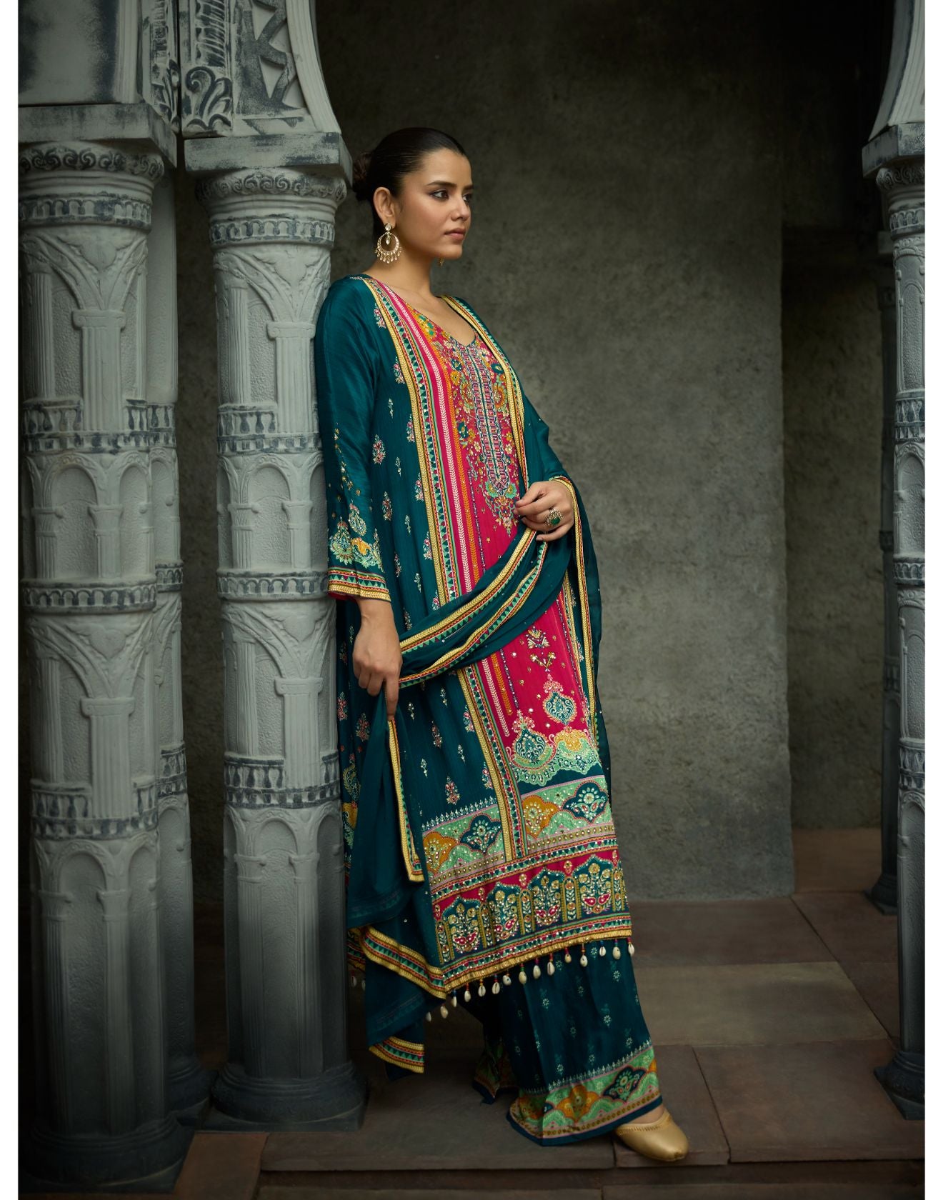 Teal & Pink Printed Festive Pure Crepe Silk Kurta Set
