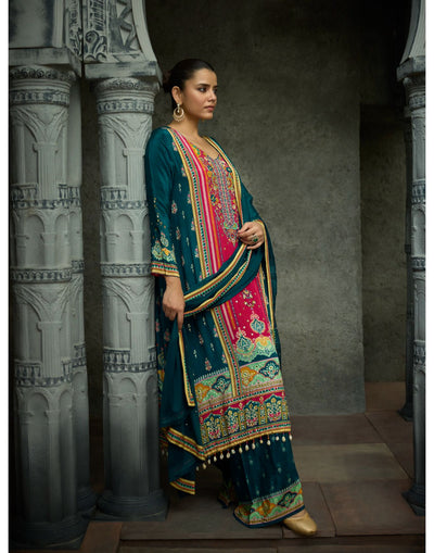 Teal & Pink Printed Festive Pure Crepe Silk Kurta Set
