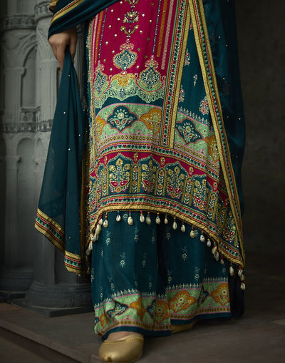 Teal & Pink Printed Festive Pure Crepe Silk Kurta Set