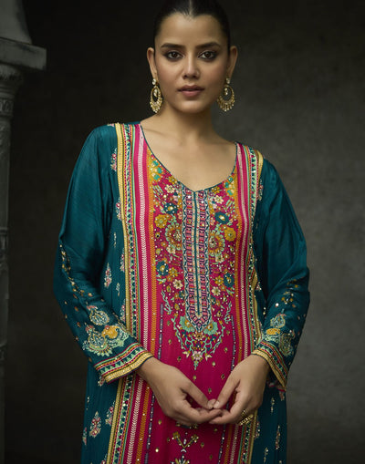 Teal & Pink Printed Festive Pure Crepe Silk Kurta Set
