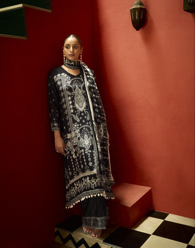 Eclipse Black Ethnic Printed Pure Crepe Silk Festive Kurta Palazzo Set
