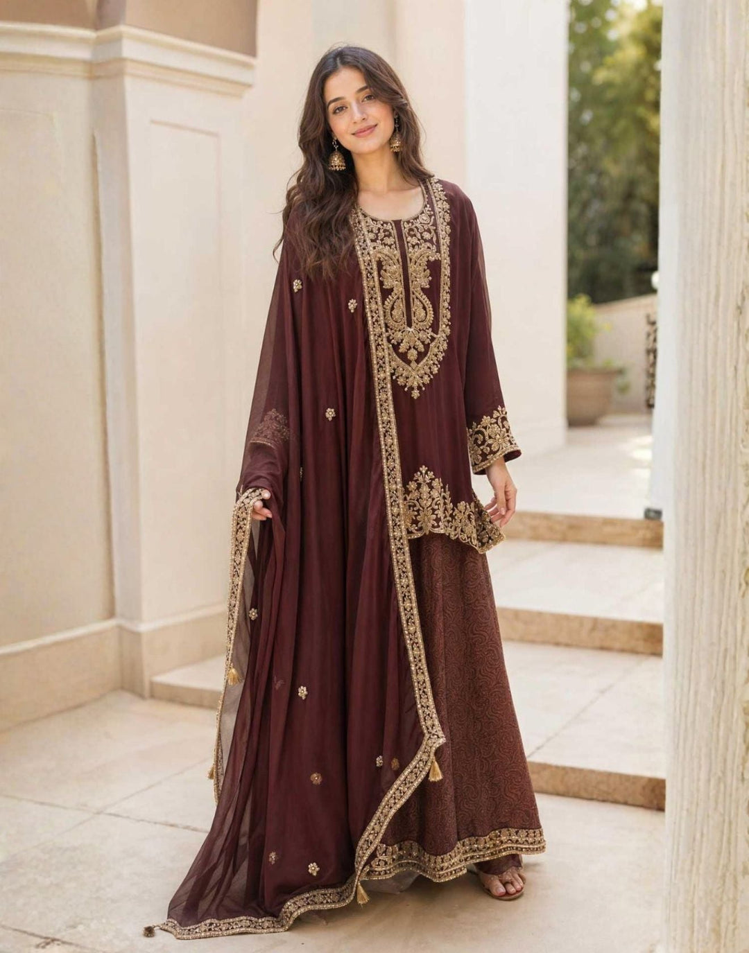 anarkali dress brown Espresso Embroidered Silk Suit Set Alexander Wang Sachin & Babi Stephie Color:customized Churidar is plain