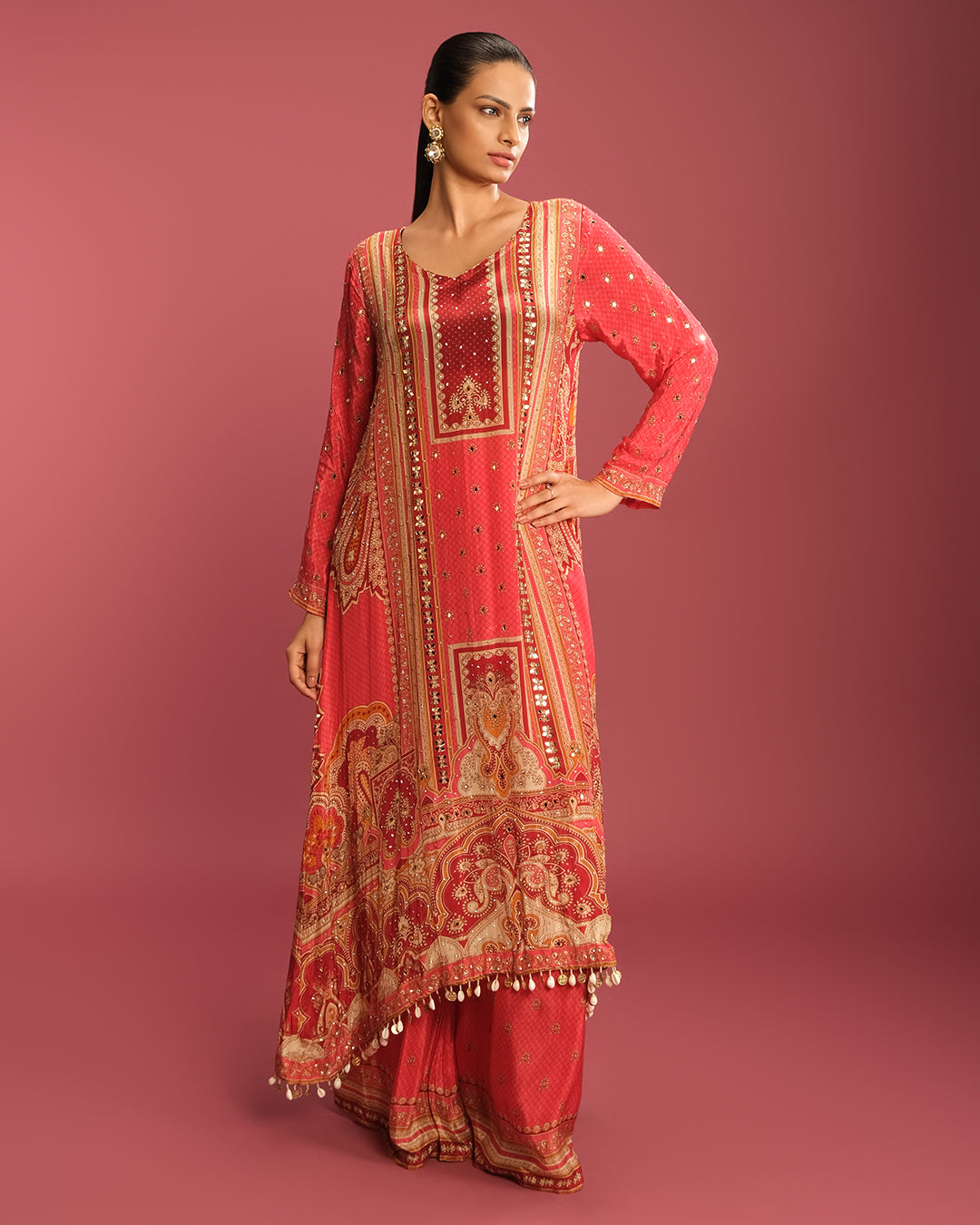 Fiery Vermilion Printed Pure Crepe Festive Kurta Set
