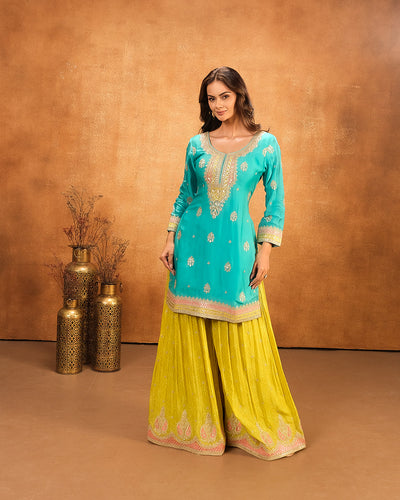 Firozi And Mustard Embroidered Festive Salwar Suit