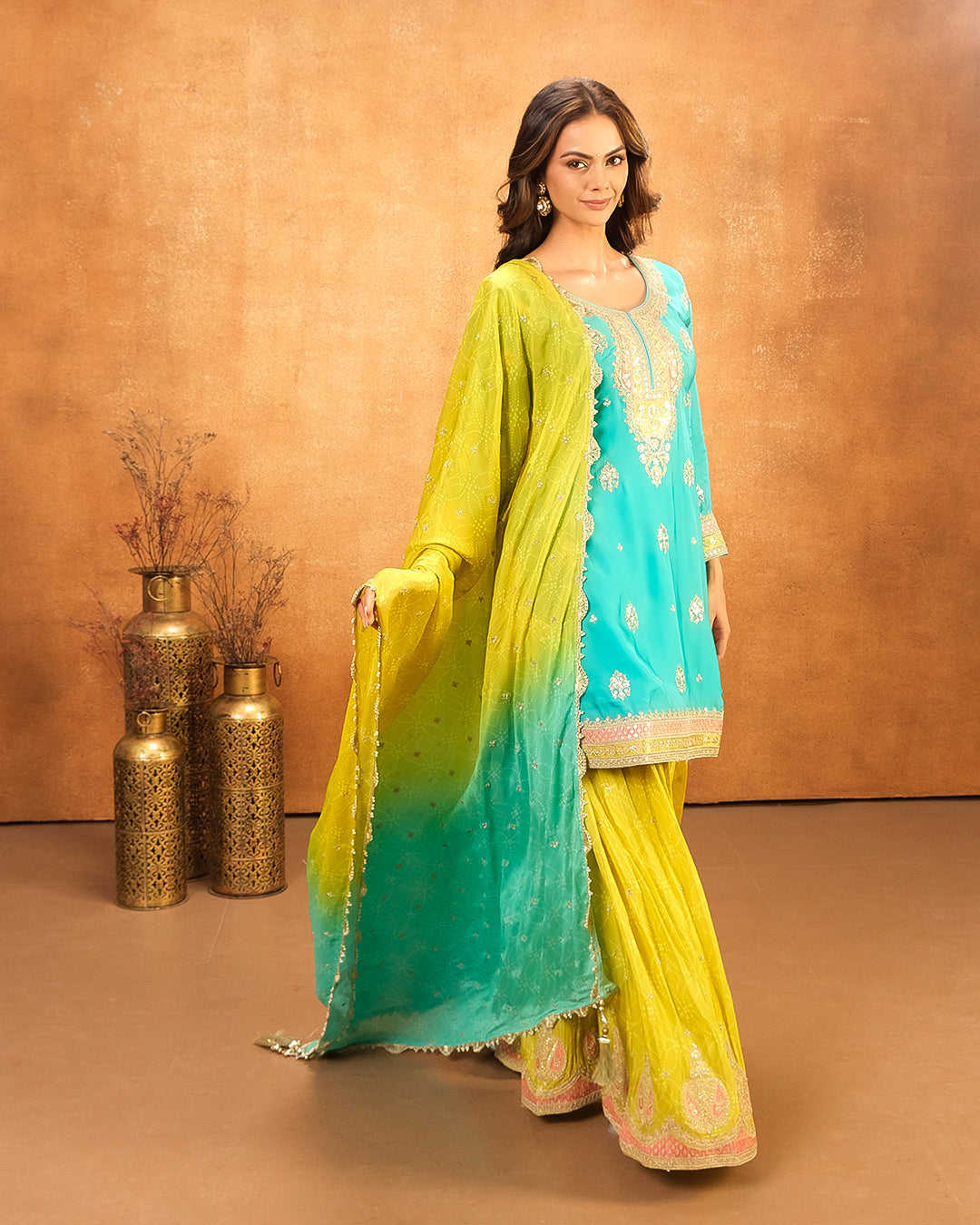 Firozi And Mustard Embroidered Festive Salwar Suit