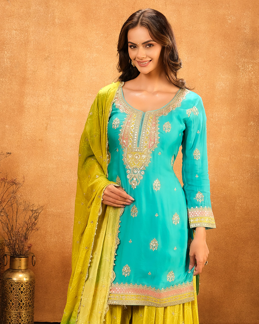 Firozi And Mustard Embroidered Festive Salwar Suit