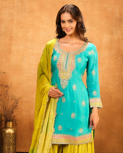 Firozi And Mustard Embroidered Festive Salwar Suit