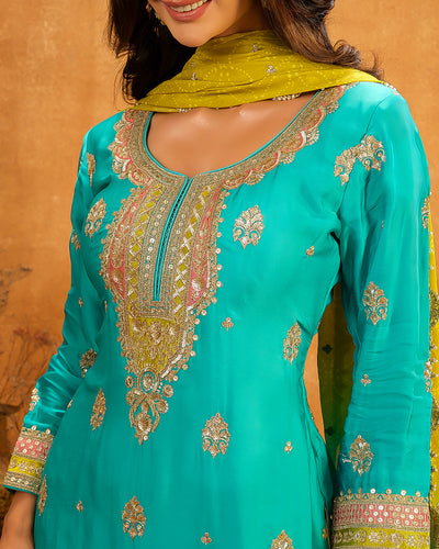 Firozi And Mustard Embroidered Festive Salwar Suit