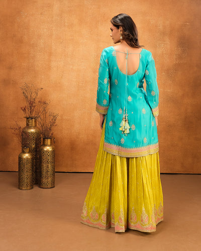 Firozi And Mustard Embroidered Festive Salwar Suit
