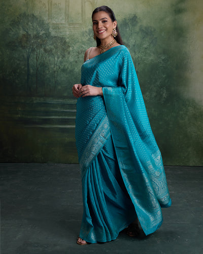 Firozi Noor Dola Silk Saree With Unstitched Blouse Fabric