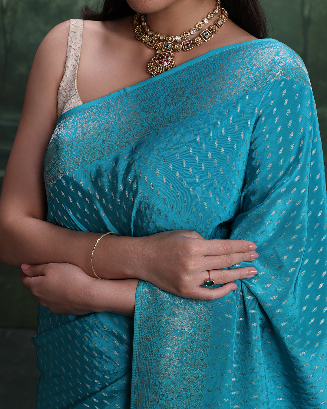 Firozi Noor Dola Silk Saree With Unstitched Blouse Fabric