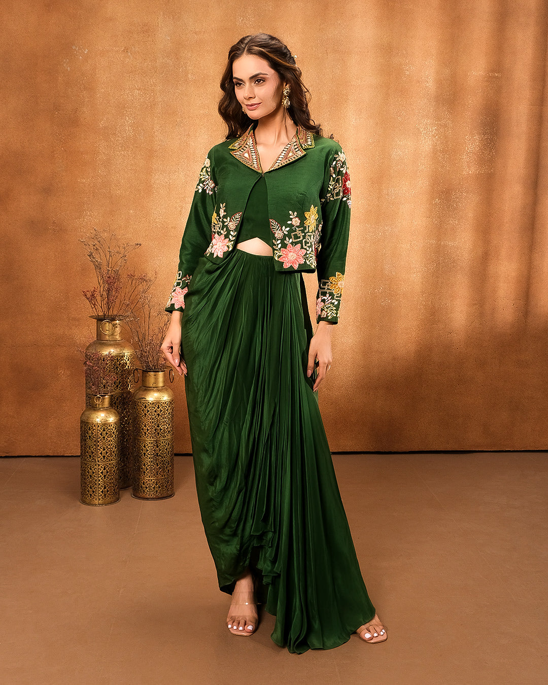 Forest Green Bustier With Embroidered Jacket And Drape Skirt