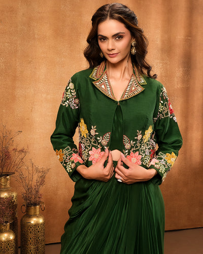 Forest Green Bustier With Embroidered Jacket And Drape Skirt