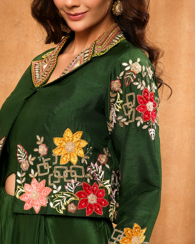 Forest Green Bustier With Embroidered Jacket And Drape Skirt