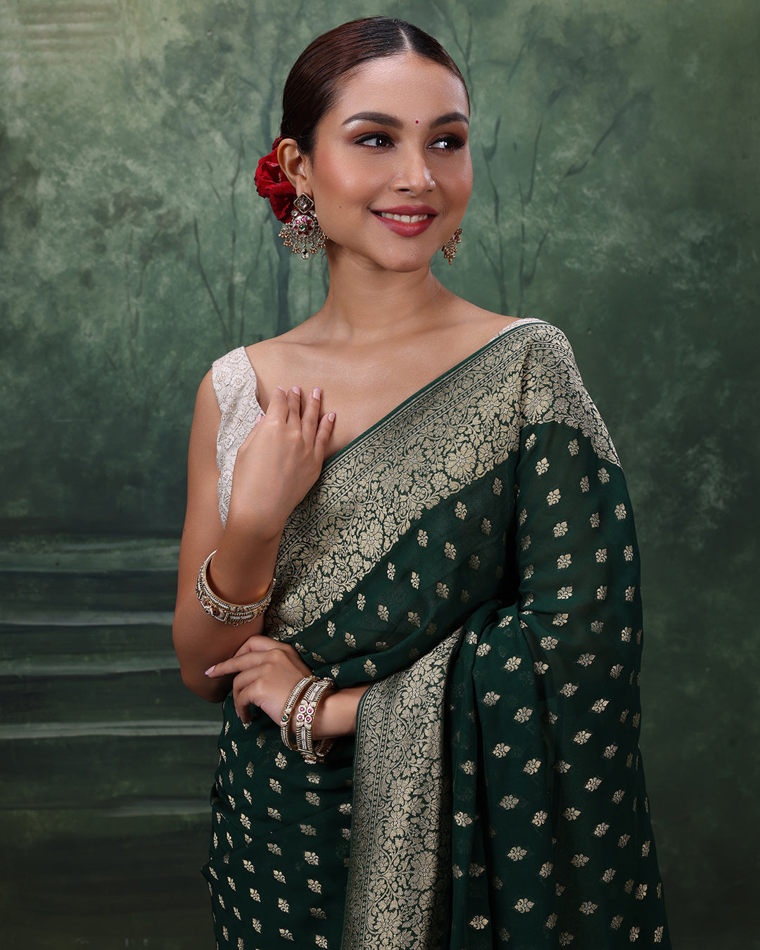 Forest Green Dainty Buttis Georgette Saree With Unstitched Blouse Fabric