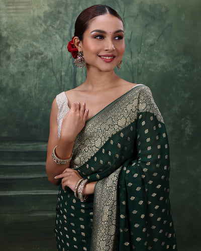 Forest Green Dainty Buttis Georgette Saree With Unstitched Blouse Fabric