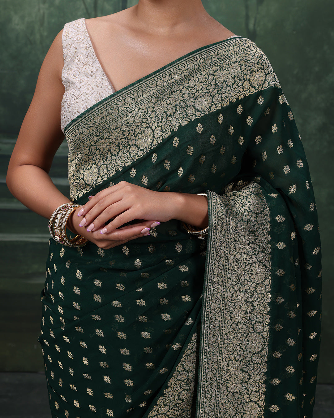 Forest Green Dainty Buttis Georgette Saree With Unstitched Blouse Fabric
