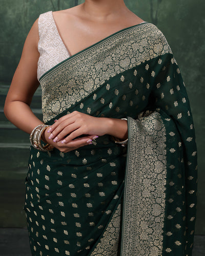 Forest Green Dainty Buttis Georgette Saree With Unstitched Blouse Fabric