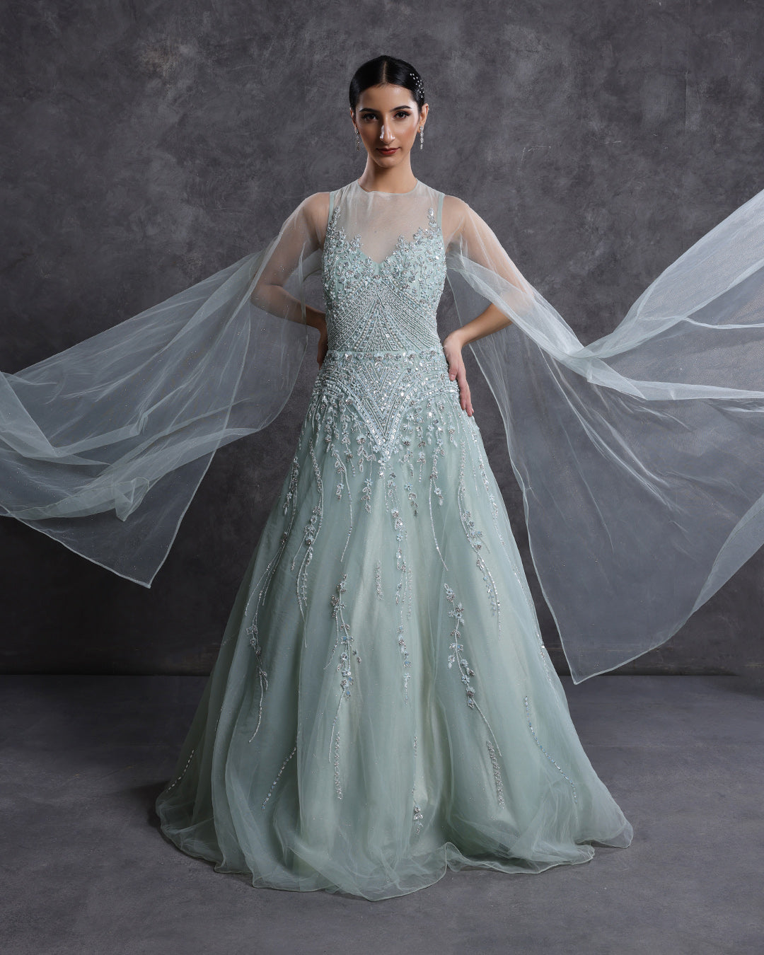 French Pista Green Embellished Bridal Gown