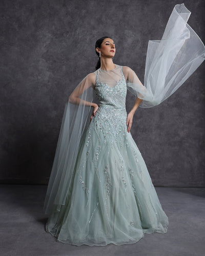 French Pista Green Embellished Bridal Gown