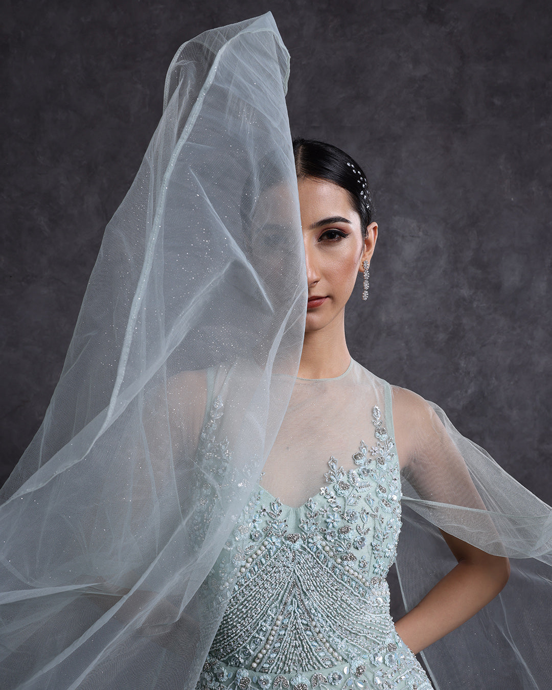 French Pista Green Embellished Bridal Gown