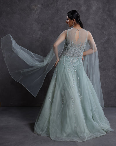 French Pista Green Embellished Bridal Gown