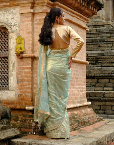 Frosted Mint Shimmer Organza Trousseau Saree
