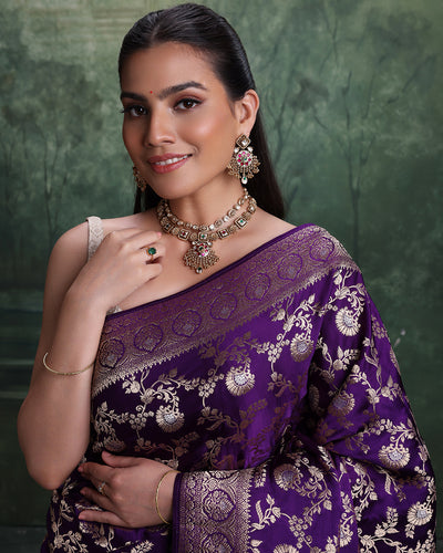 Galaxy Purple Banarasi Dola Silk Saree With Unstitched Blouse Fabric