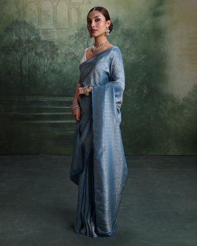 Glacier Blue Dola Silk Saree With Unstitched Blouse Fabric