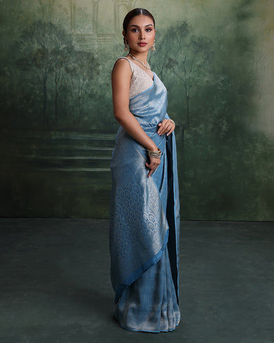 Glacier Blue Dola Silk Saree With Unstitched Blouse Fabric