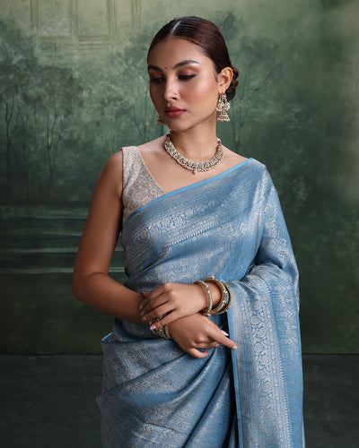 Glacier Blue Dola Silk Saree With Unstitched Blouse Fabric