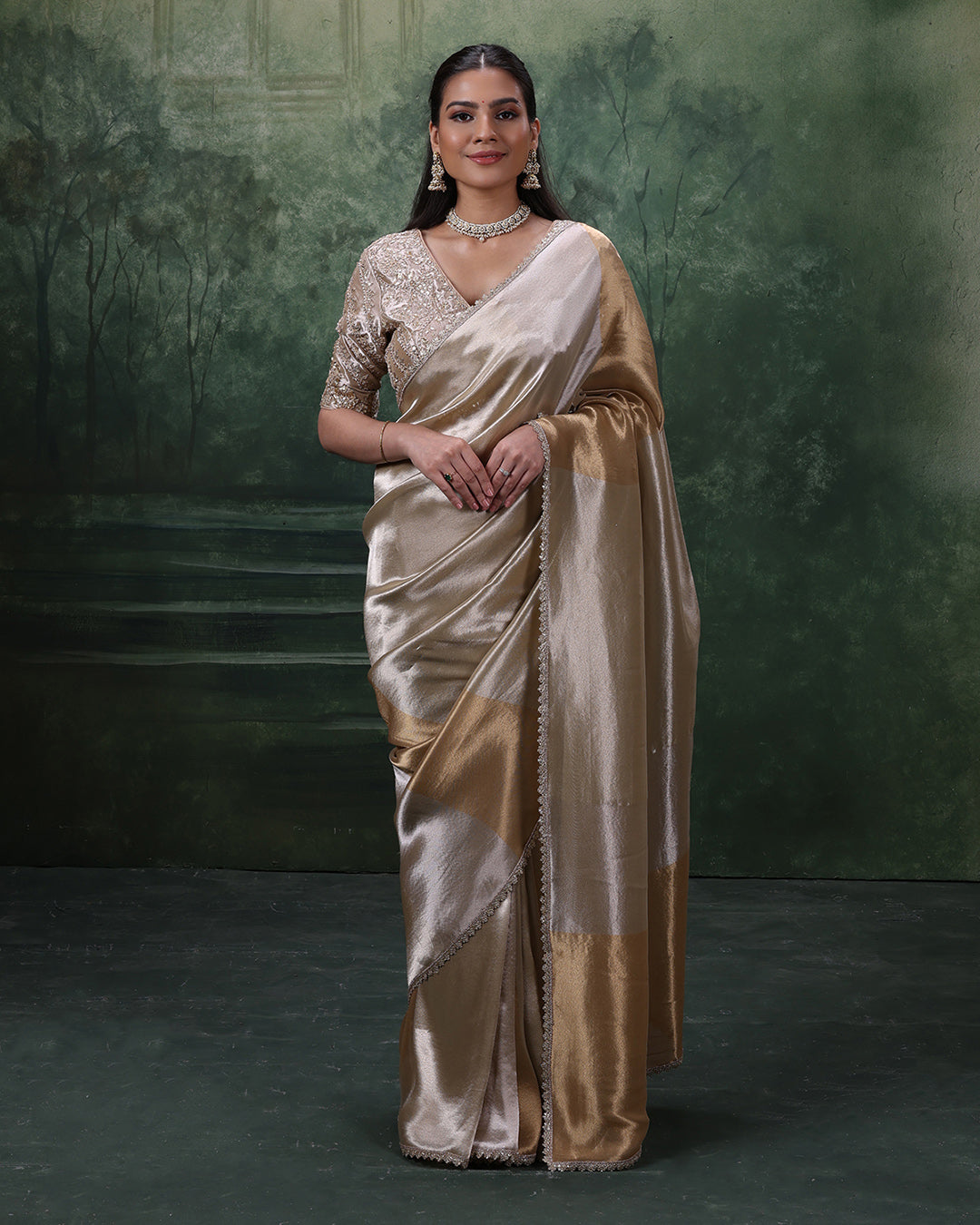 Golden Hues Tissue Silk Saree With Embroidered Stitched Blouse
