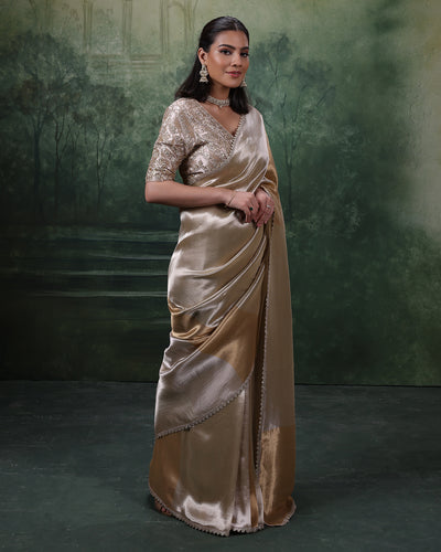 Golden Hues Tissue Silk Saree With Embroidered Stitched Blouse