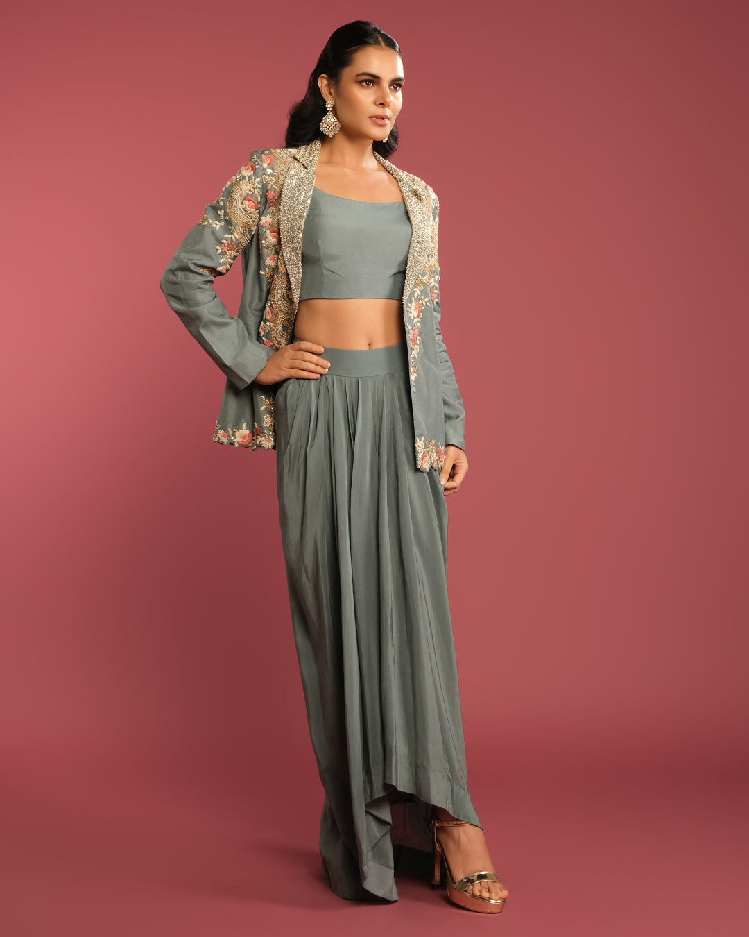 Greyish Blue Embroidered Festive Blazer Set