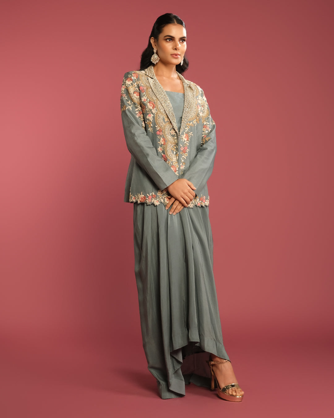 Greyish Blue Embroidered Festive Blazer Set