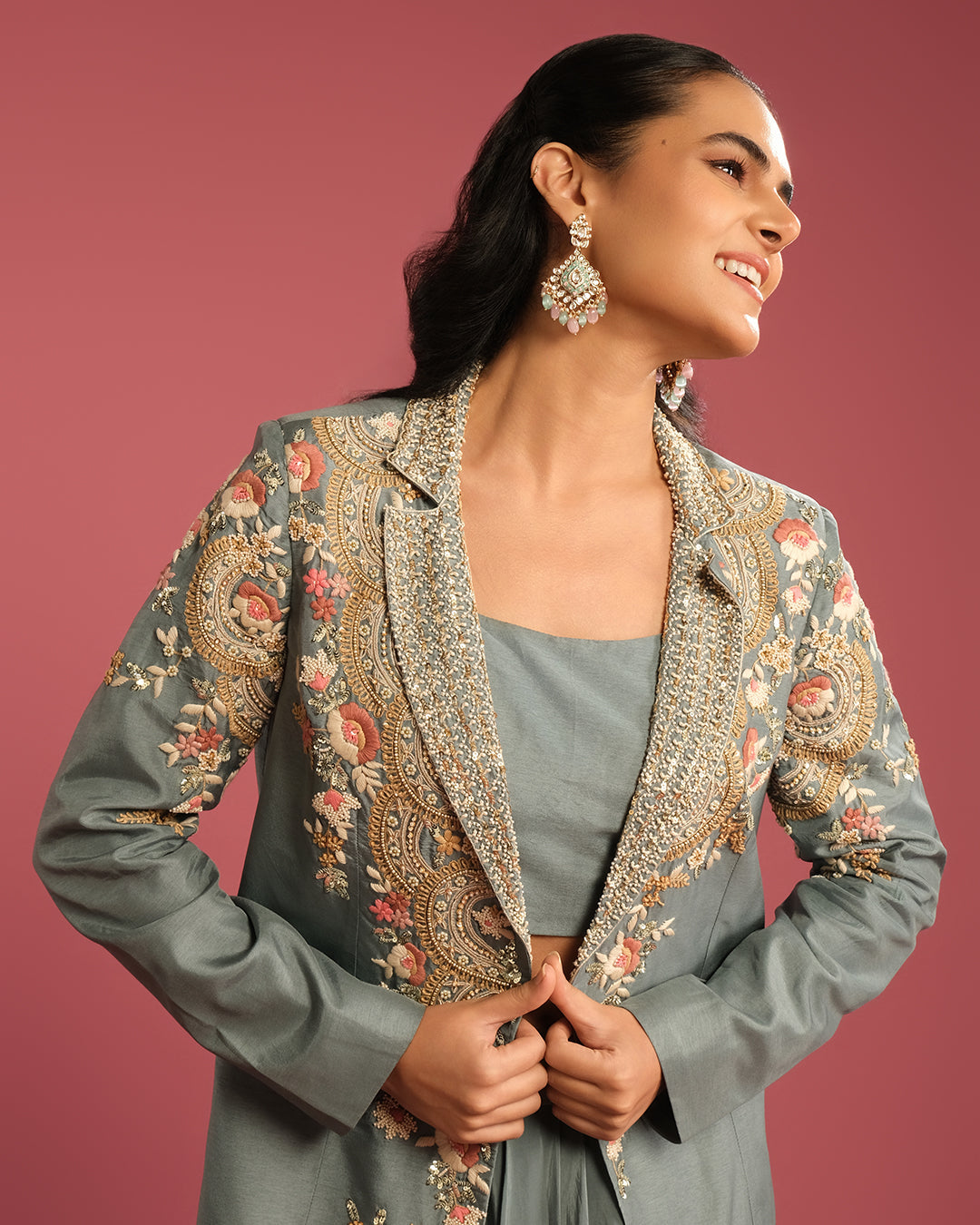 Greyish Blue Embroidered Festive Blazer Set